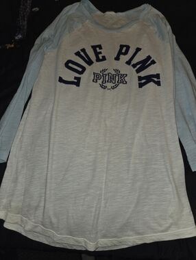 PINK Victoria's Secret Light Blue & White Raglan Sleep Shirt - LOVE PINK Graphic